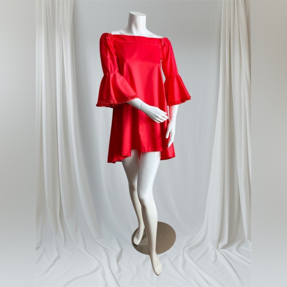 $398 N/Nicholas Red Bell Sleeve Off Shoulder High Low Cotton Mini Dress Vacation - Picture 6 of 13